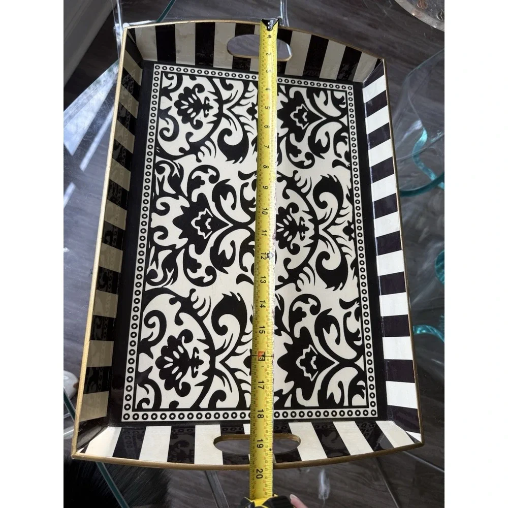 Michel Design Works Black‎ Cream Damask Serving Tray Striped Handles 20